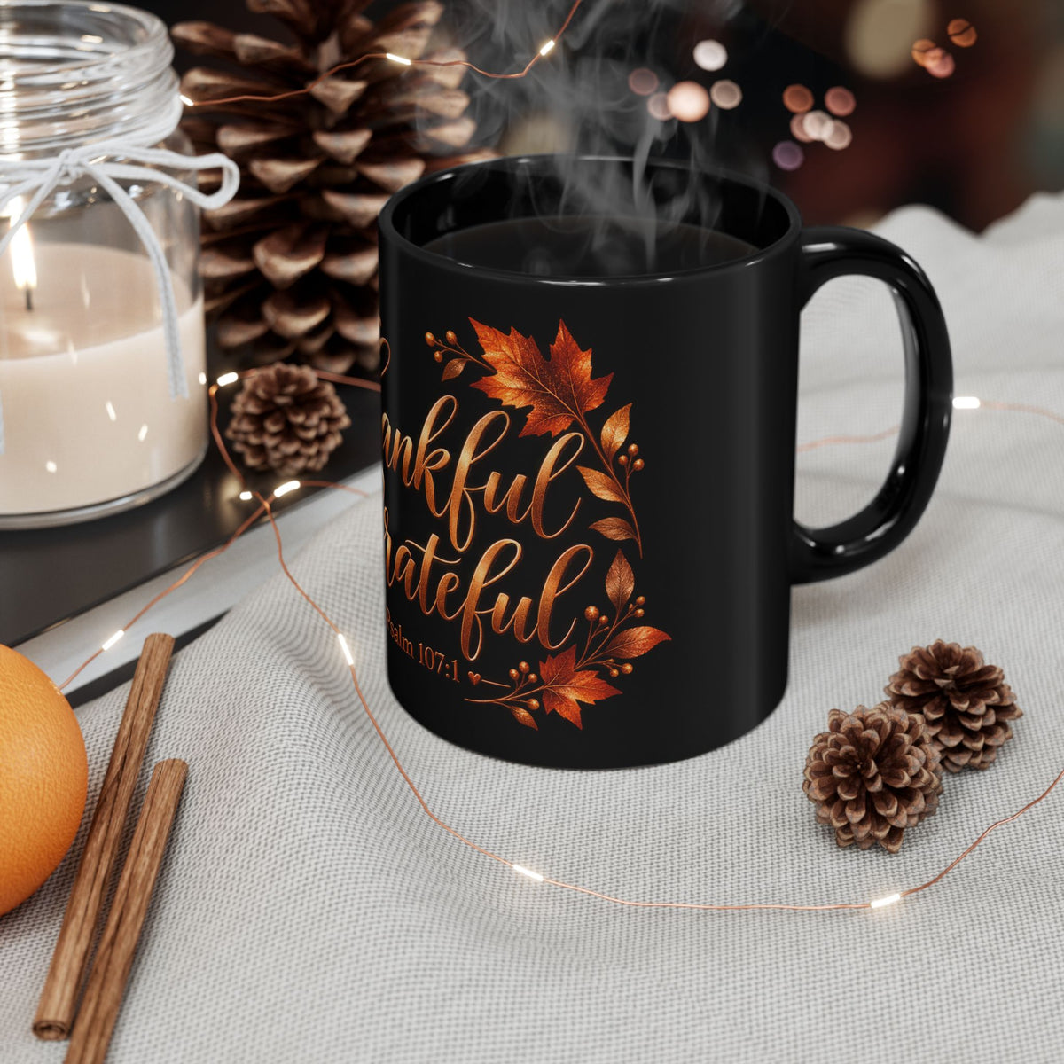 Thankful & Grateful Psalm 107:1 Black Ceramic Mug — Autumn Leaves Thanksgiving Coffee Cup
