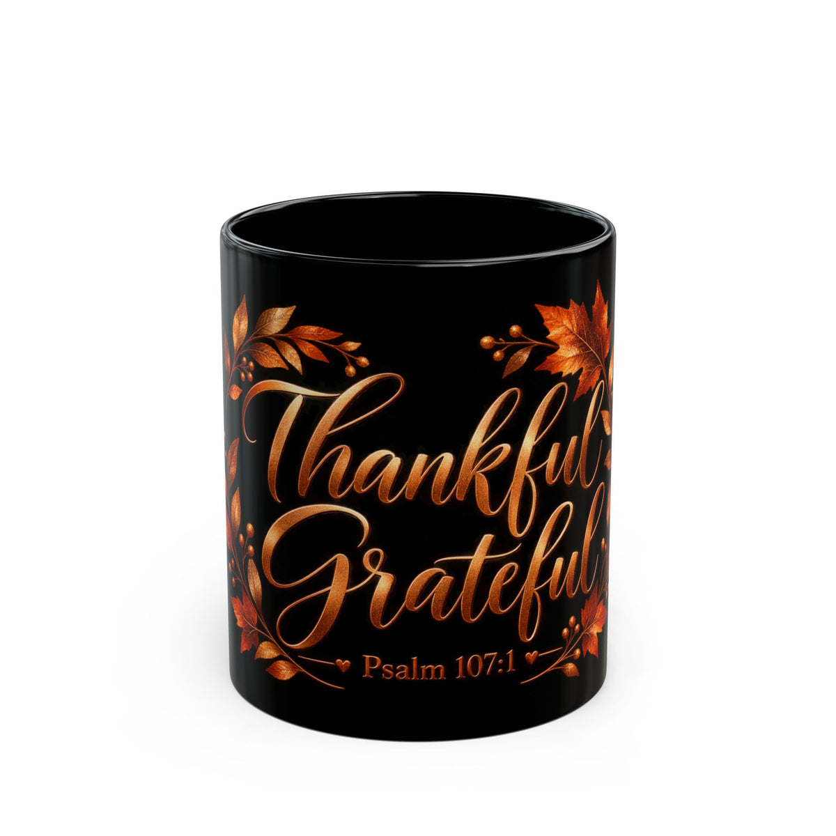 Thankful & Grateful Psalm 107:1 Black Ceramic Mug — Autumn Leaves Thanksgiving Coffee Cup