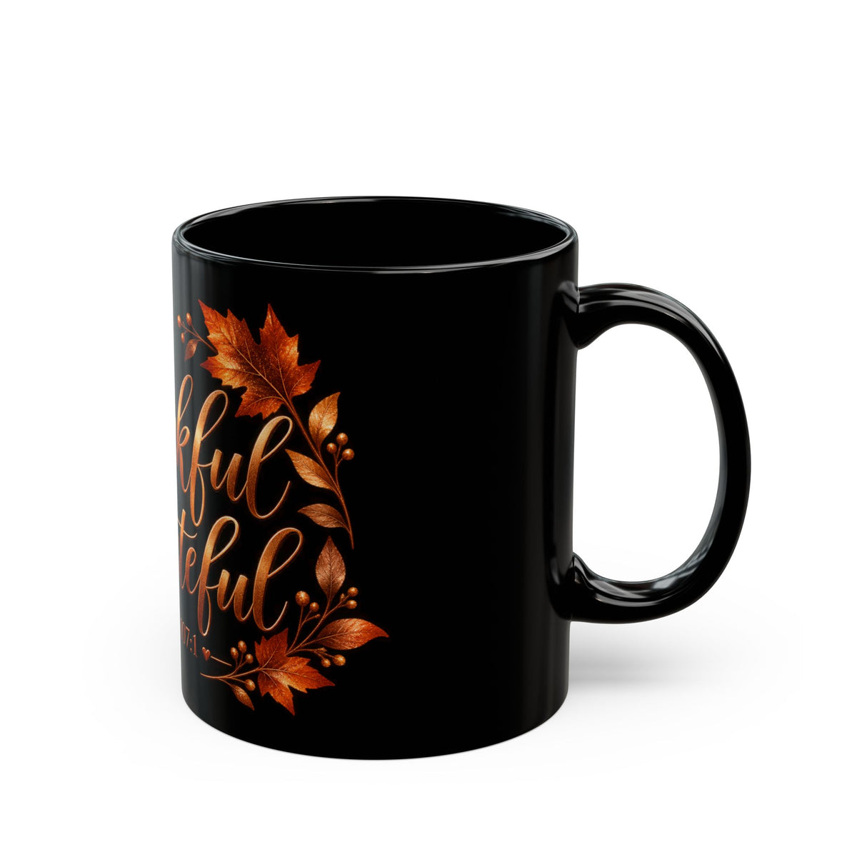 Thankful & Grateful Psalm 107:1 Black Ceramic Mug — Autumn Leaves Thanksgiving Coffee Cup