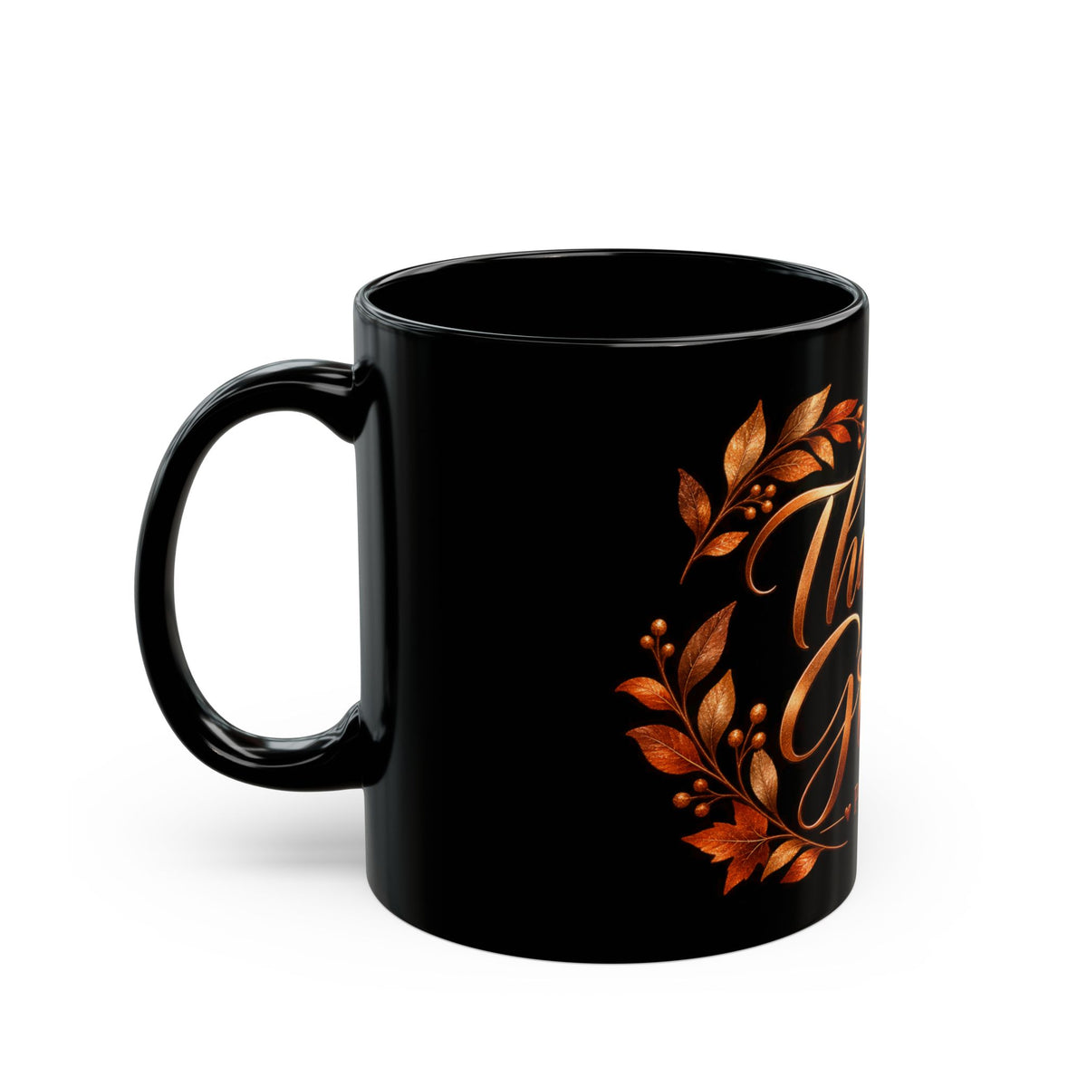 Thankful & Grateful Psalm 107:1 Black Ceramic Mug — Autumn Leaves Thanksgiving Coffee Cup